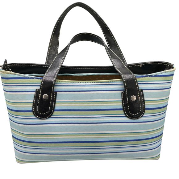 Kate Spade Green Blue Striped Small Satchel Handbag Preppy Travel Cruise Beachy - Picture 1 of 7